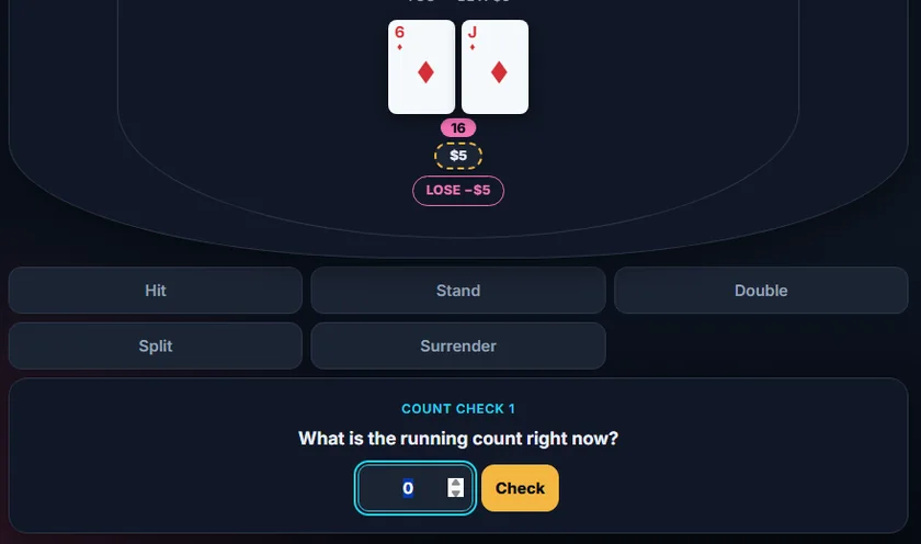 Casino mode: a dealt table with a count check asking for the running count