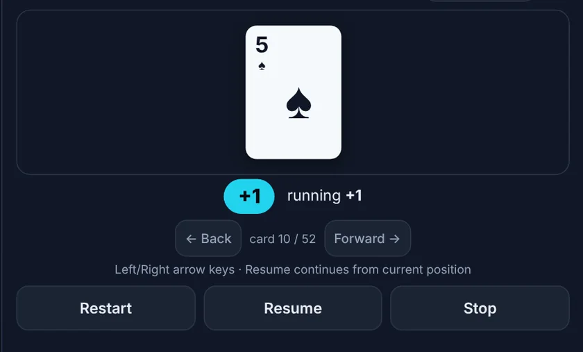 Count-down drill in Train mode showing a card with its +1 value and the running count